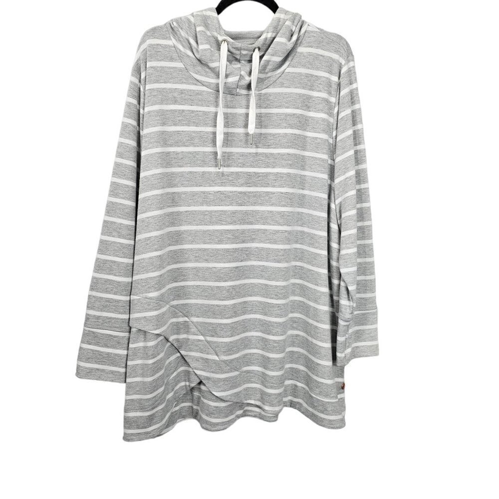 ❤️384 Livi Lane Bryant Asymmetrical Long Sleeve Grey And White Stripe Hooded Top